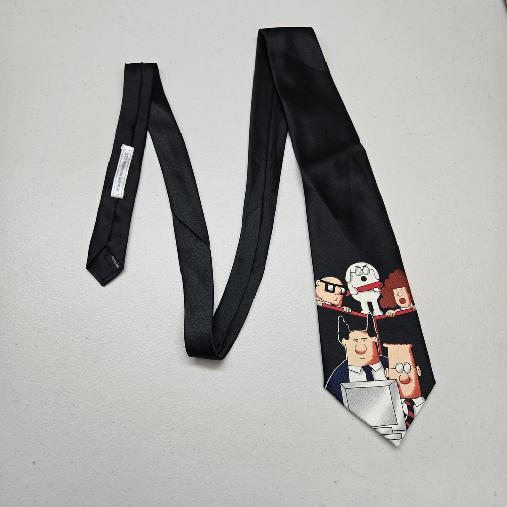VINTAGE Dilbert Men Neck Tie‎ Black With Multicolor Cartoon Graphic Logo Satin